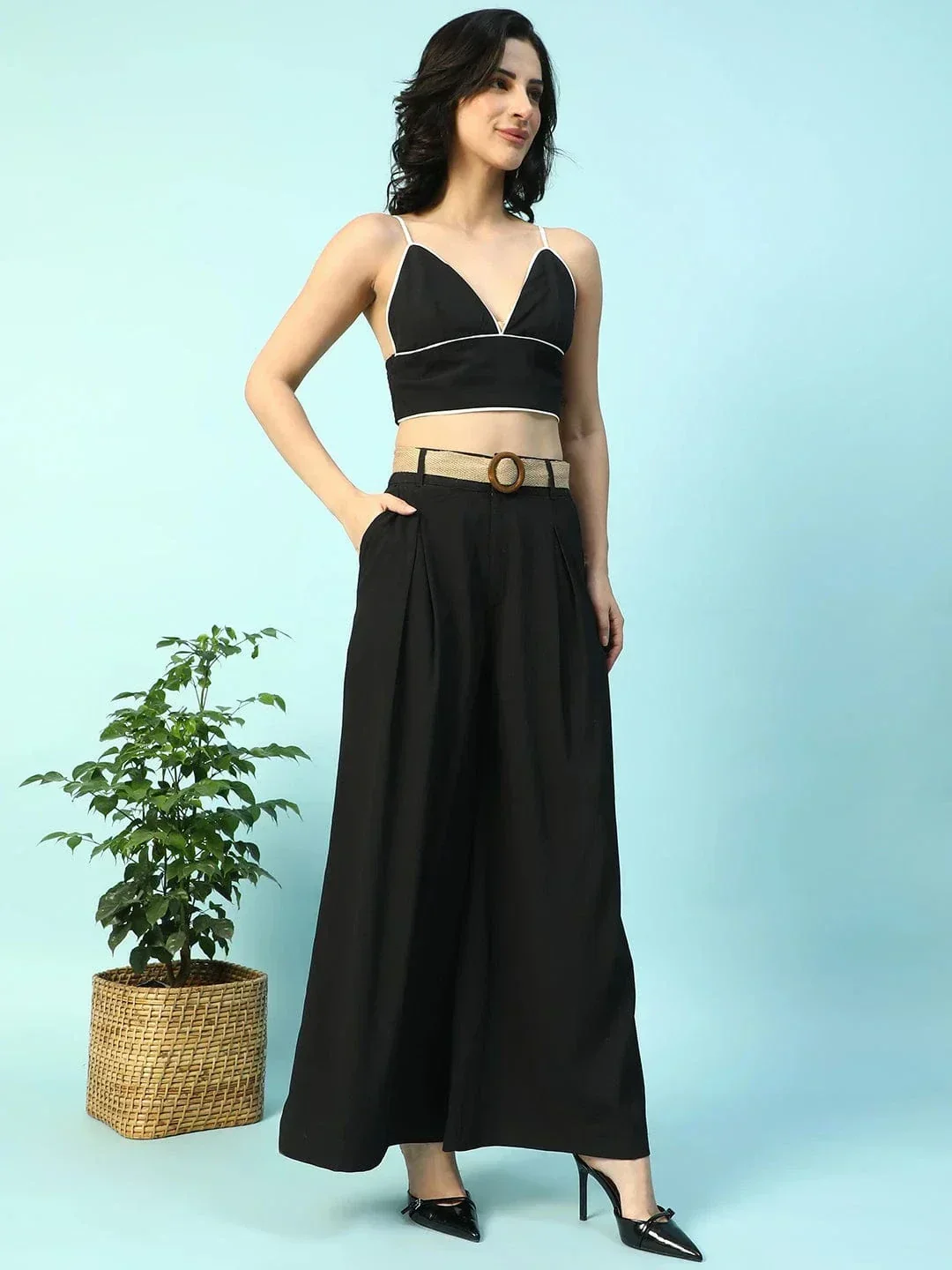 Solid Black V-Neck Crop Top With Pant Women Co-Ord Set - Image 3