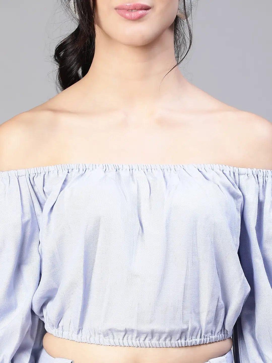 Solid Blue Cold Shoulder Top and Elasticated Pant Set - Image 7
