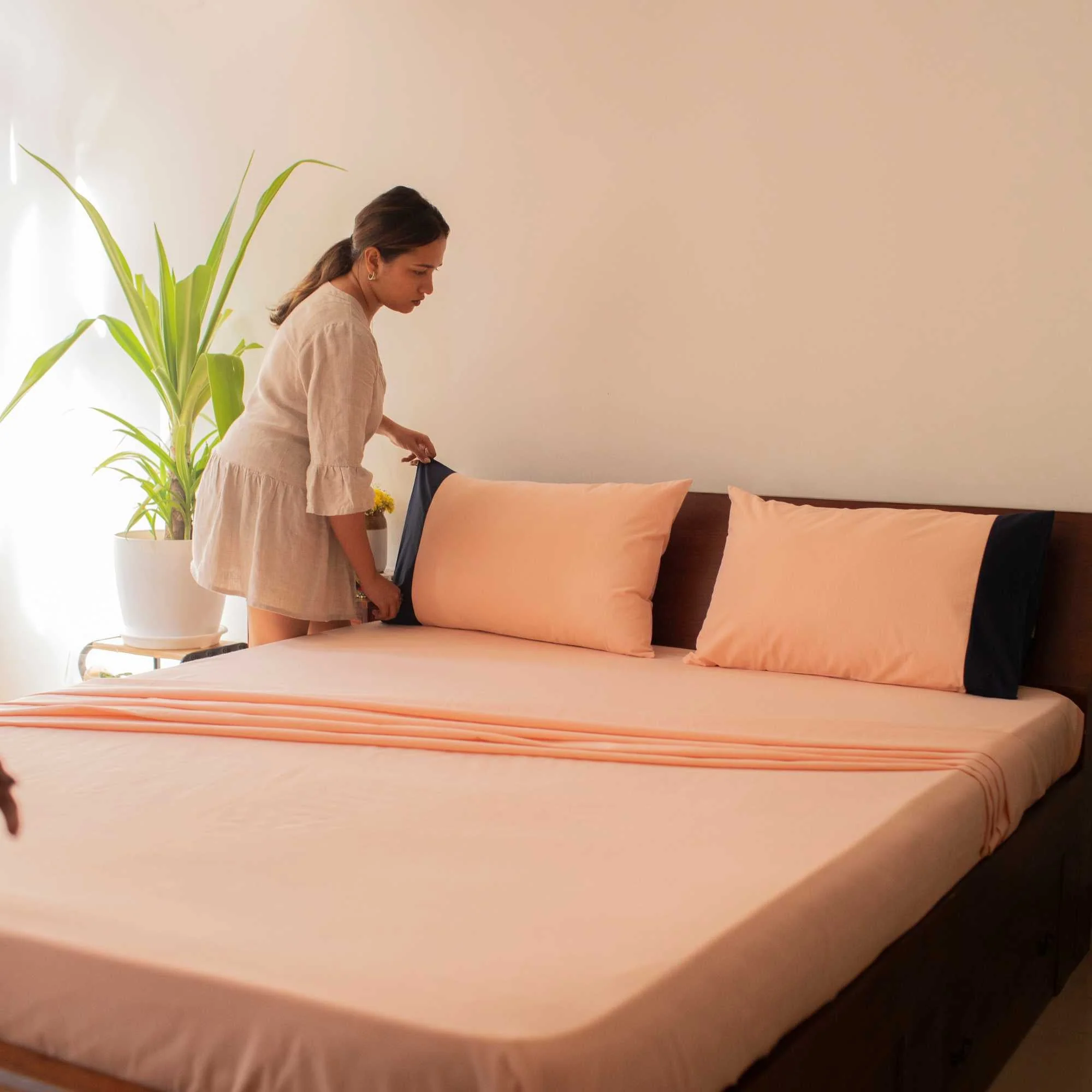 Solid Colour 100% Cotton, 270 Tc King Bedsheet With 2 Colour Accent Pillow Covers - Image 24