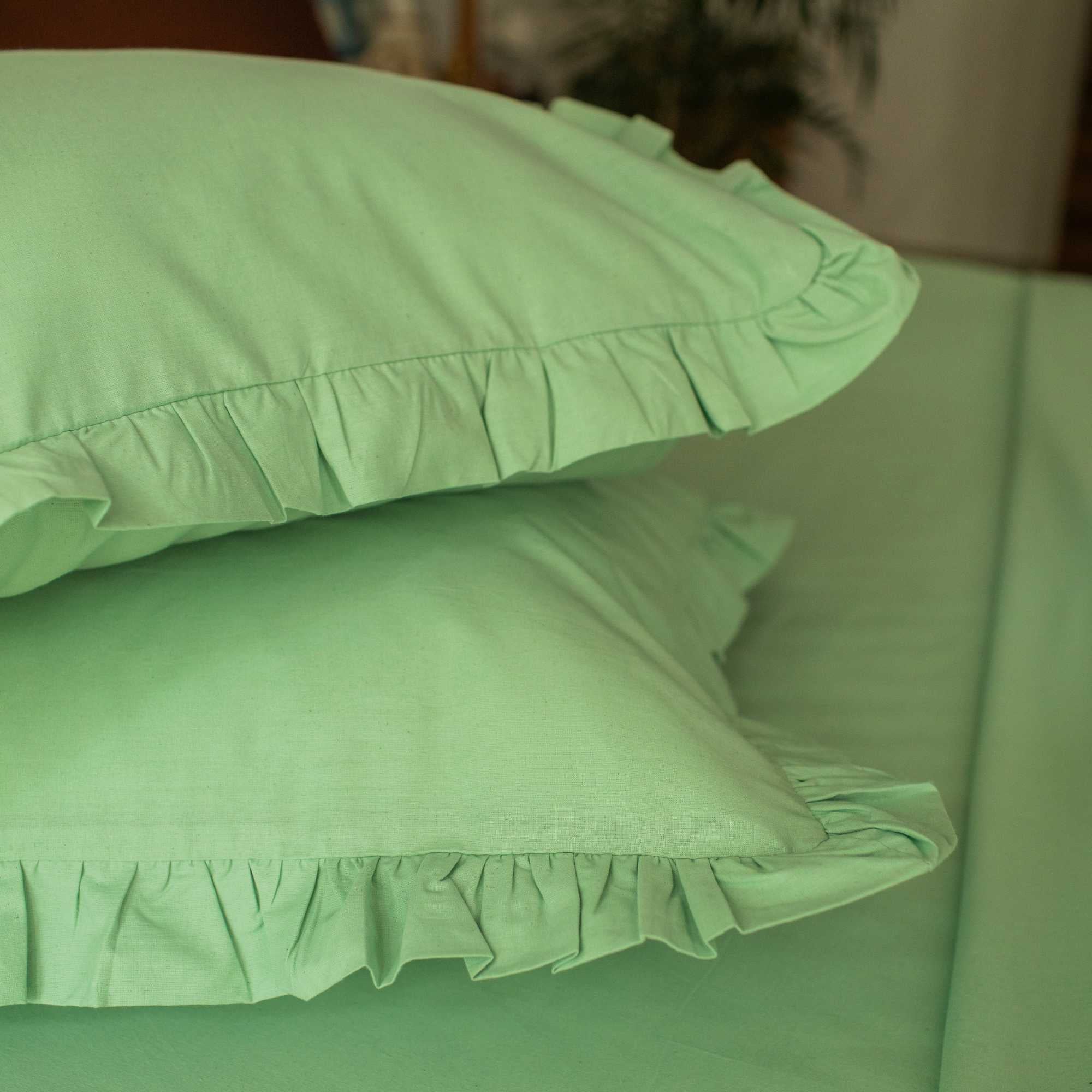 Solid Colour 100% Cotton, 270 Tc King Bedsheet With 2 Frill Pillow Covers - Image 39
