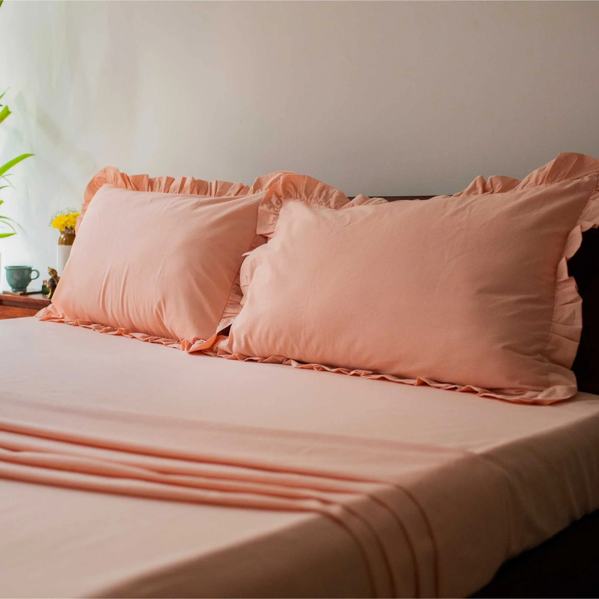 Solid Colour 100% Cotton, 270 Tc Queen Bedsheet With 2 Frill Pillow Covers - Image 21
