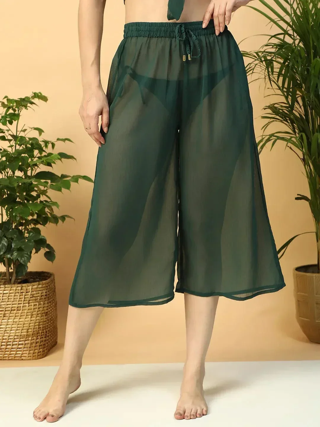 Solid Green Elasticated Waist With Tie-Up Detail women Beachwear Culottes
