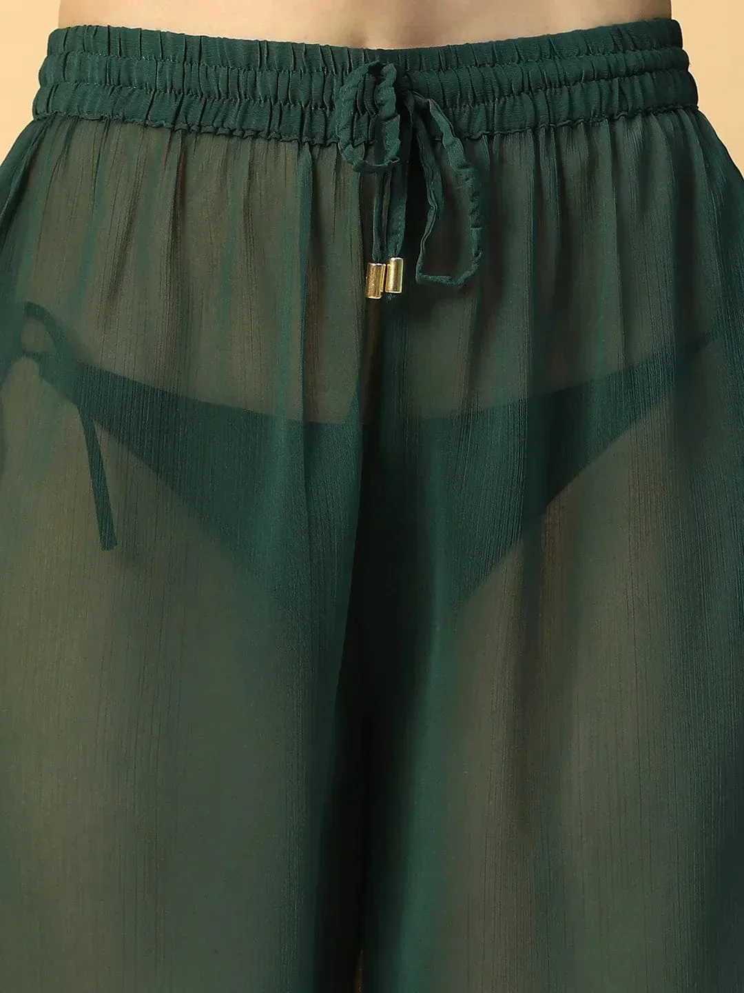 Solid Green Elasticated Waist With Tie-Up Detail women Beachwear Culottes - Image 6