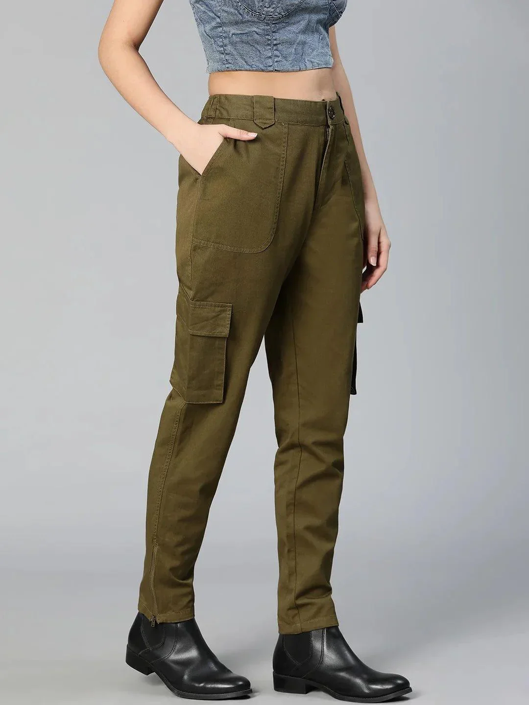 Solid Khaki Elasticated Women Cotton Pants For Everyday Style - Image 4