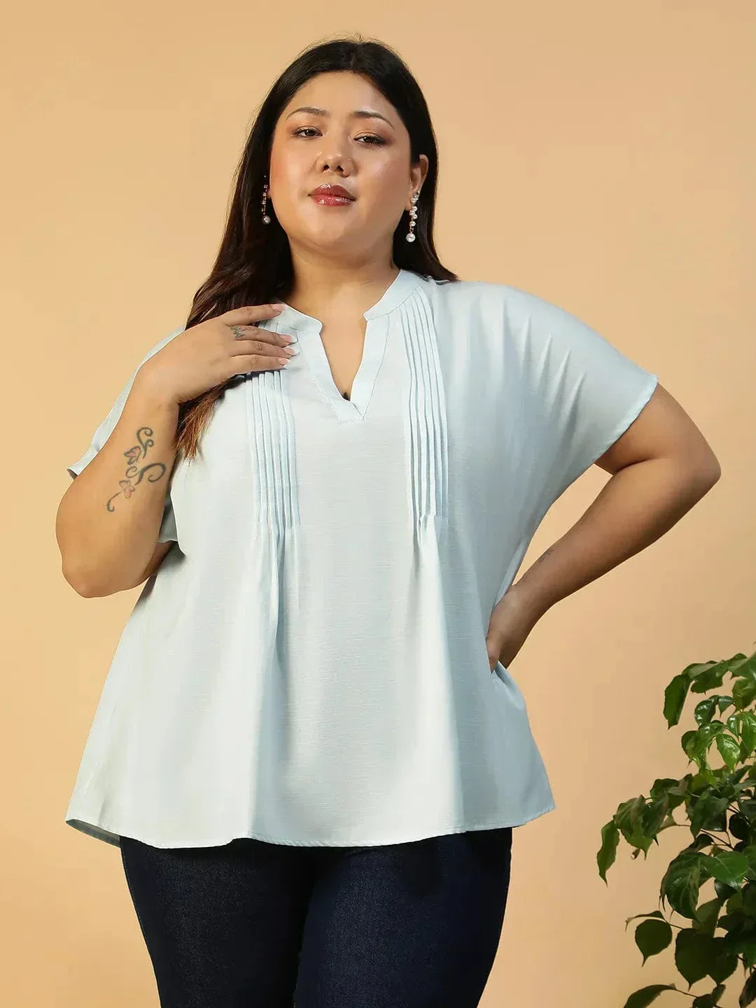 Solid Light Blue Pleated Flutter Short Sleeve Plus Size Women Top