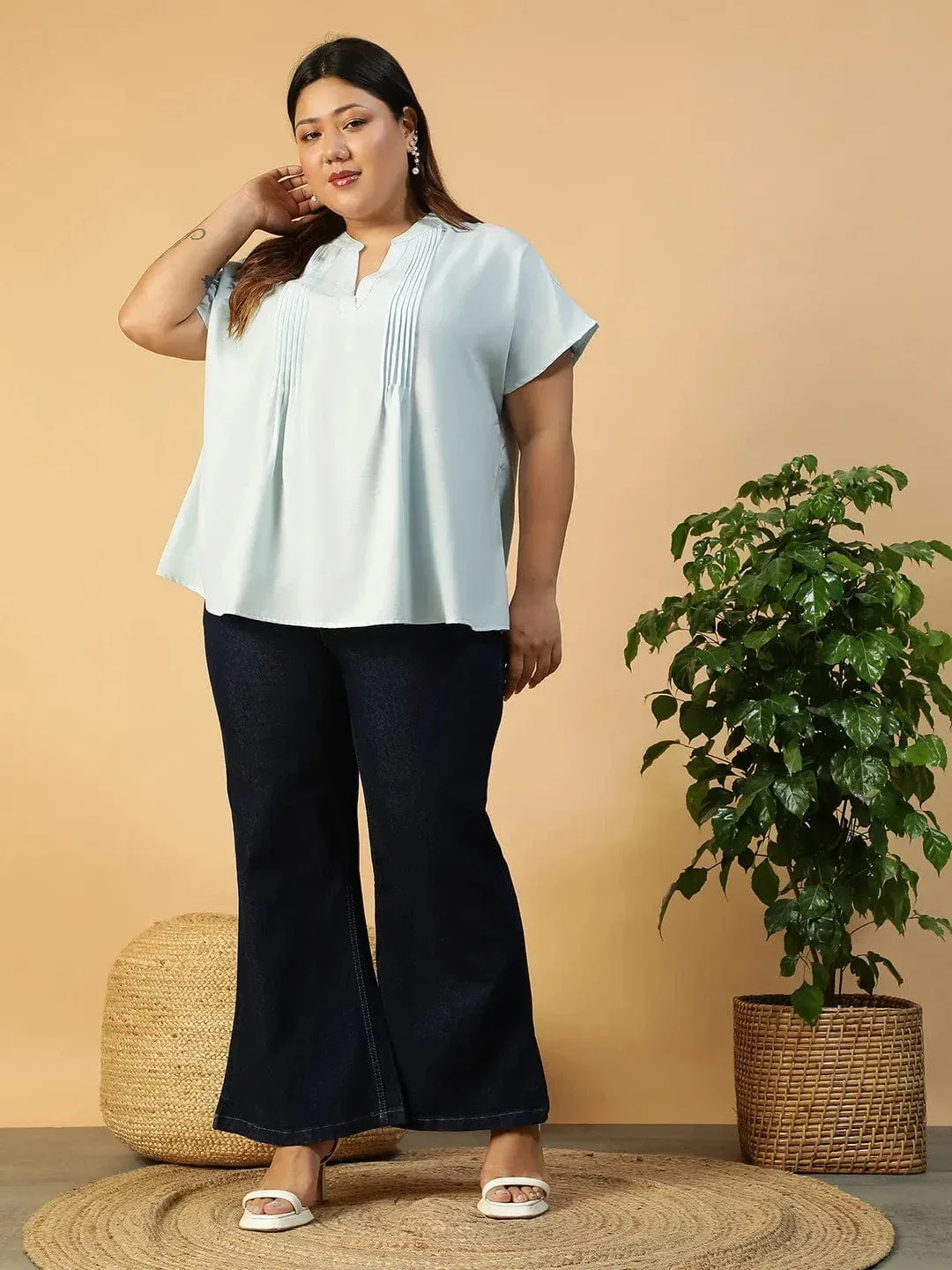 Solid Light Blue Pleated Flutter Short Sleeve Plus Size Women Top - Image 2