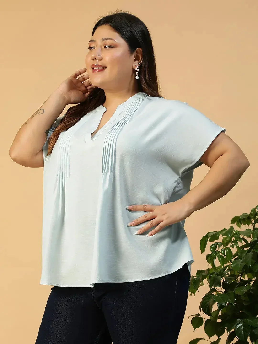 Solid Light Blue Pleated Flutter Short Sleeve Plus Size Women Top - Image 3