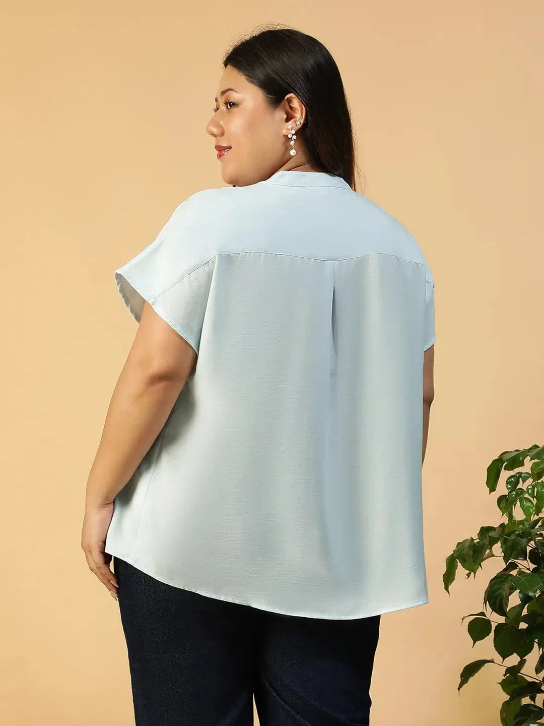 Solid Light Blue Pleated Flutter Short Sleeve Plus Size Women Top - Image 5