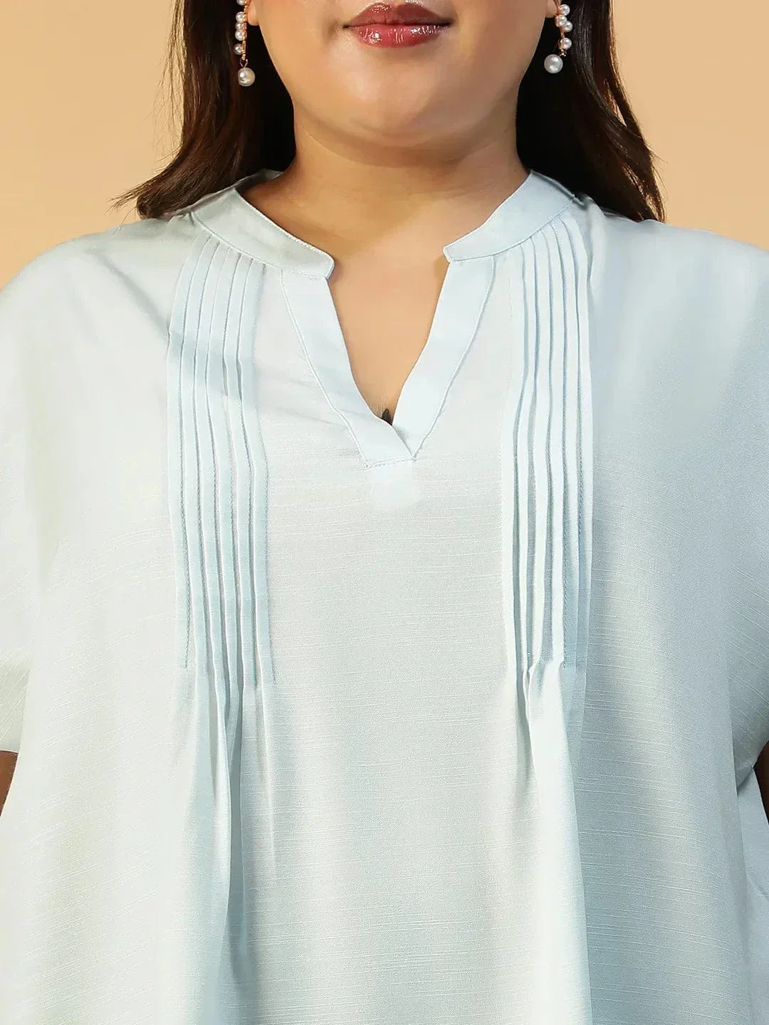 Solid Light Blue Pleated Flutter Short Sleeve Plus Size Women Top - Image 6