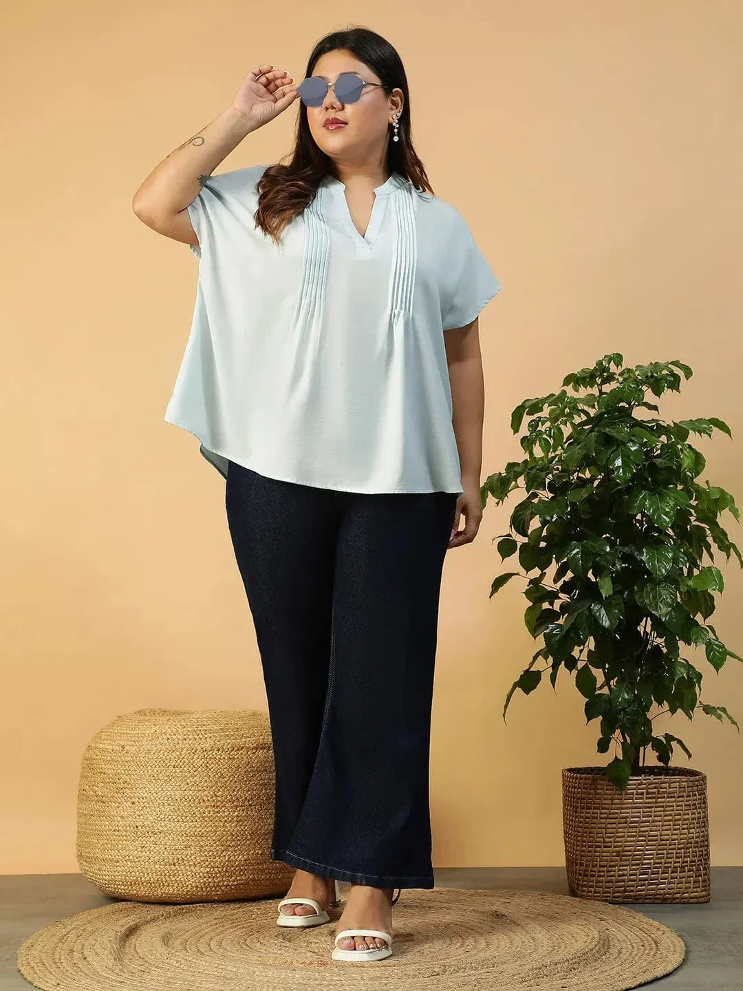 Solid Light Blue Pleated Flutter Short Sleeve Plus Size Women Top - Image 7