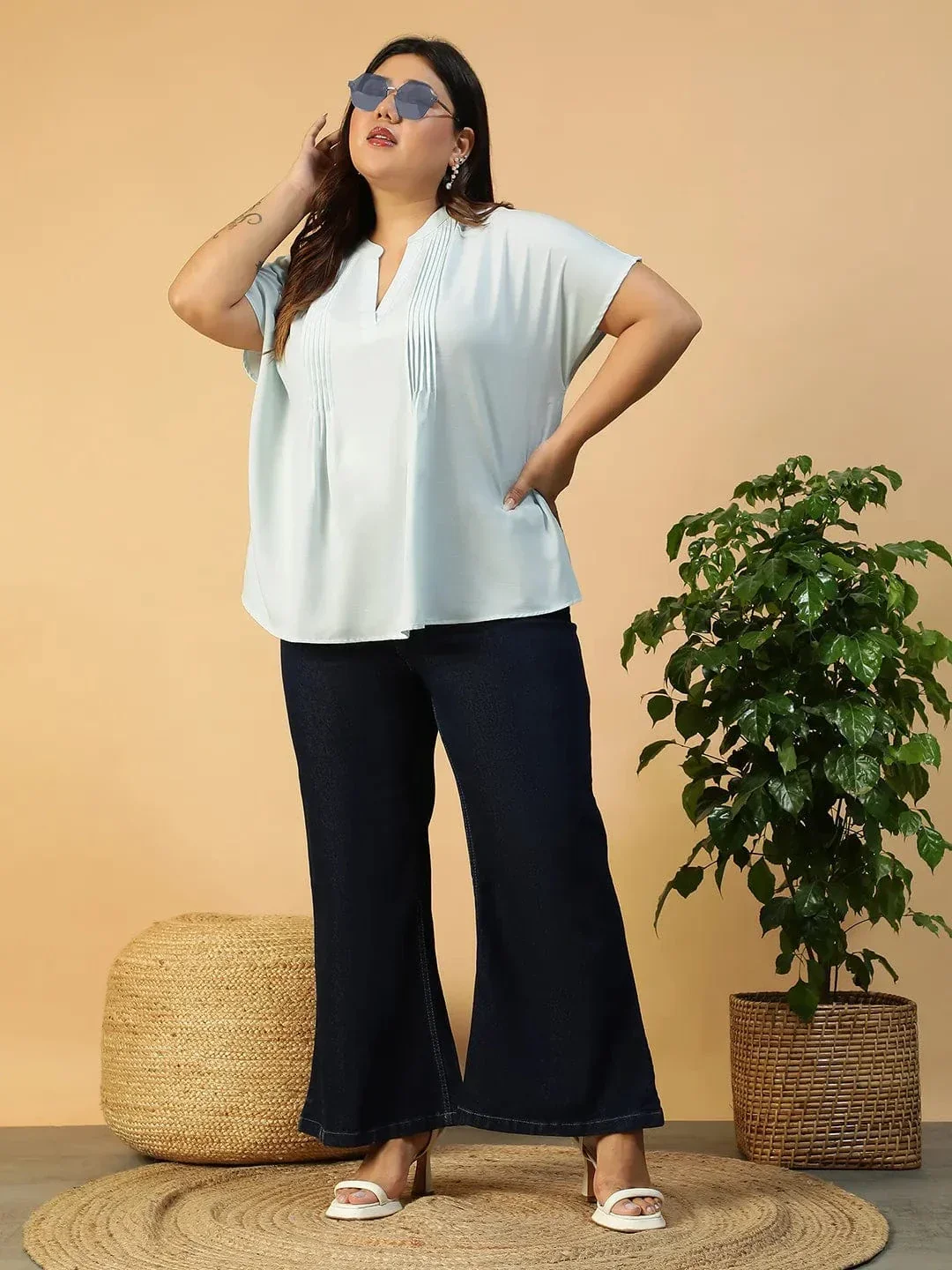 Solid Light Blue Pleated Flutter Short Sleeve Plus Size Women Top - Image 8