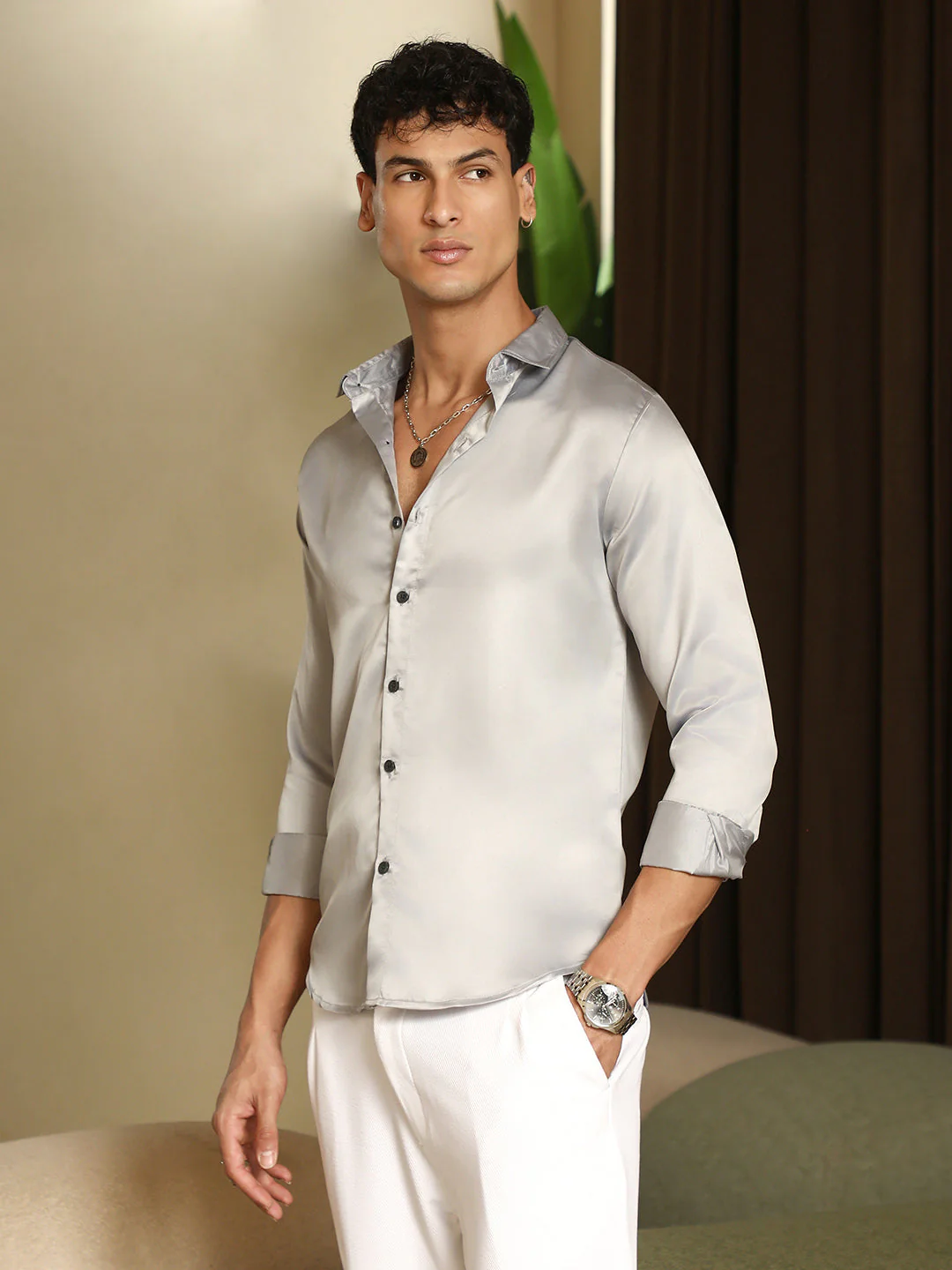 Solid-Satin Regular Shirt - Image 3