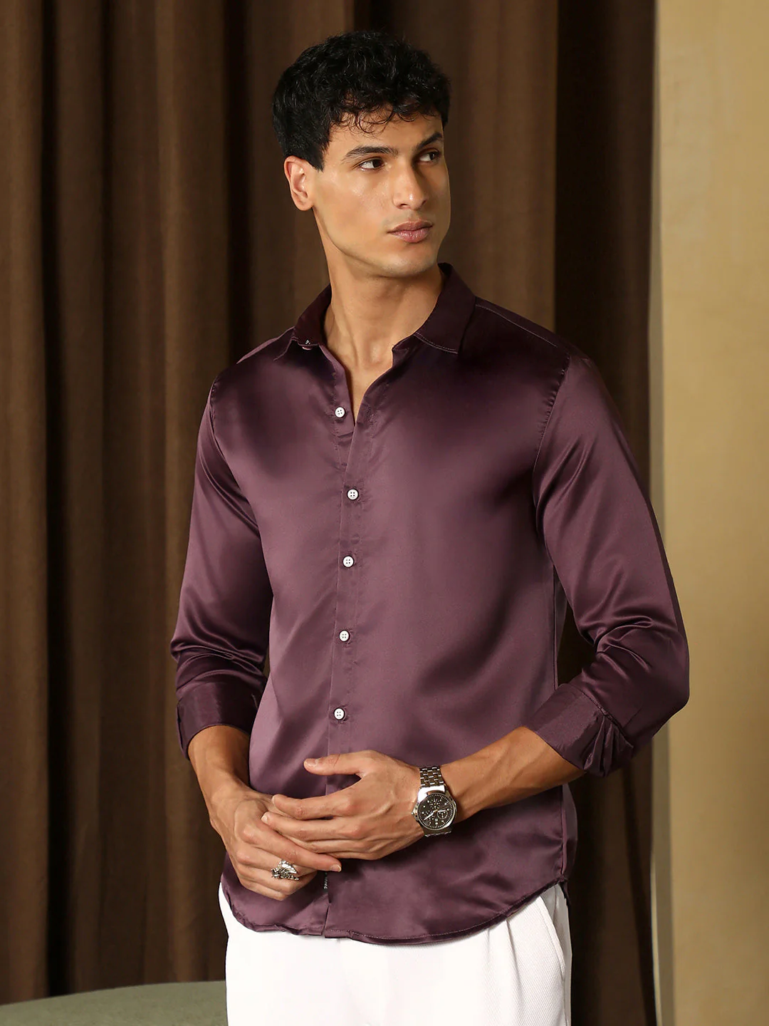 Solid-Satin Regular Shirt - Image 3