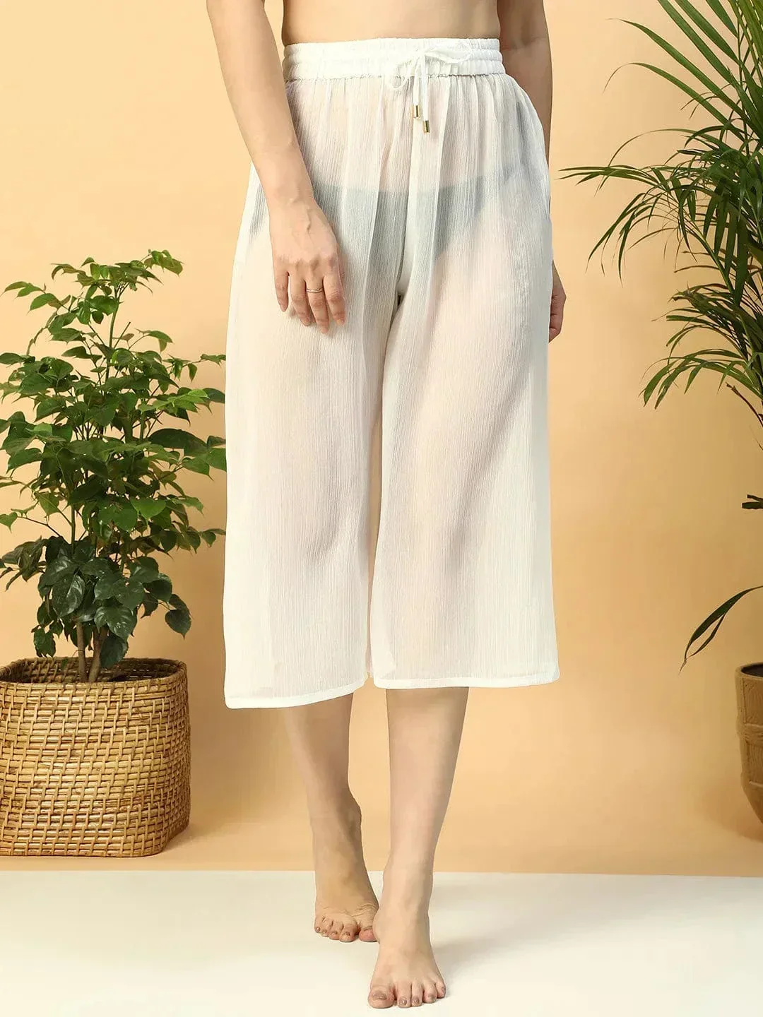 Solid White Elasticated Waist With Tie-Up Detail women Beachwear Culottes