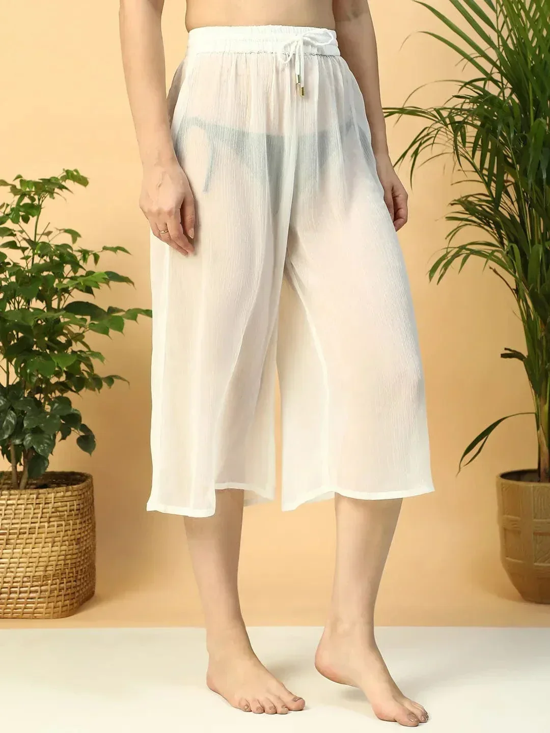 Solid White Elasticated Waist With Tie-Up Detail women Beachwear Culottes - Image 4