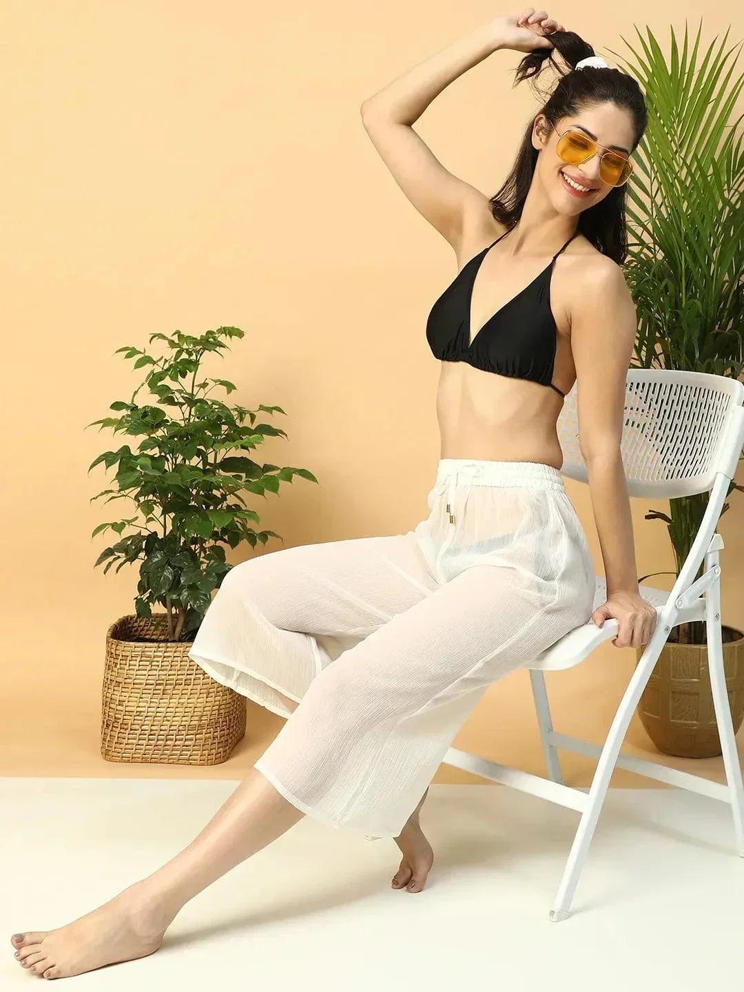 Solid White Elasticated Waist With Tie-Up Detail women Beachwear Culottes - Image 7