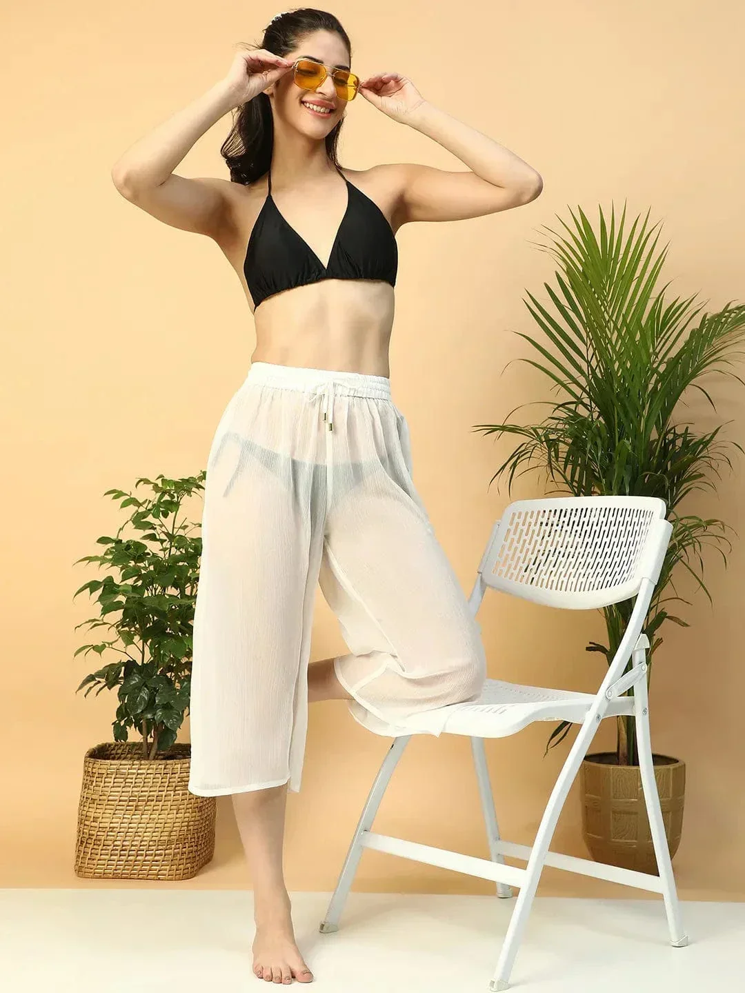 Solid White Elasticated Waist With Tie-Up Detail women Beachwear Culottes - Image 8