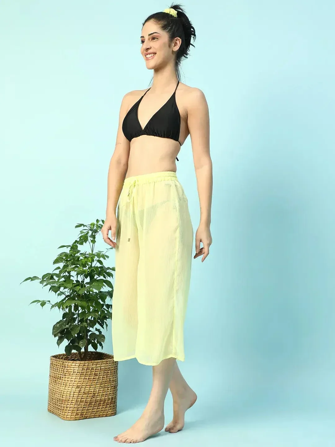 Solid Yellow Elasticated Waist With Tie-Up Detail women Beachwear Culottes - Image 2