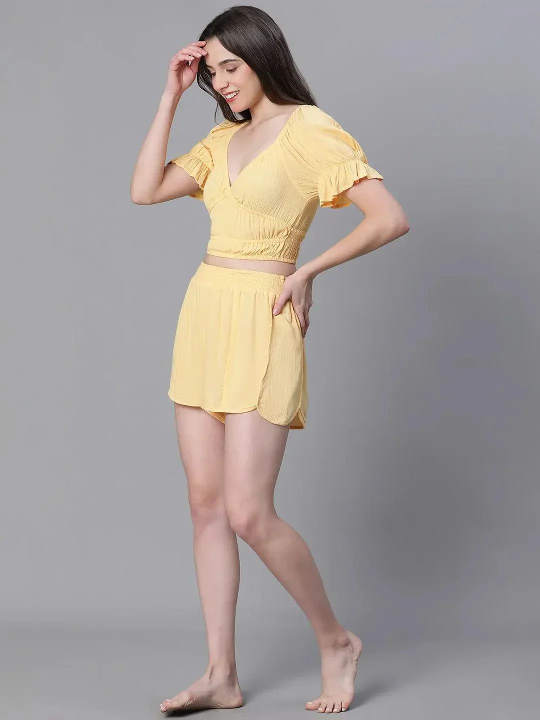 Solid Yellow V-Neck Elasticated Nightwear Crop Women Top - Image 2