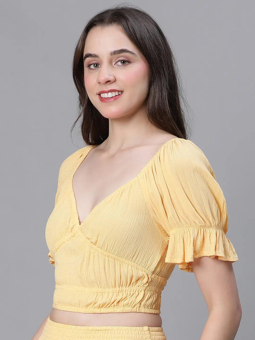 Solid Yellow V-Neck Elasticated Nightwear Crop Women Top - Image 3