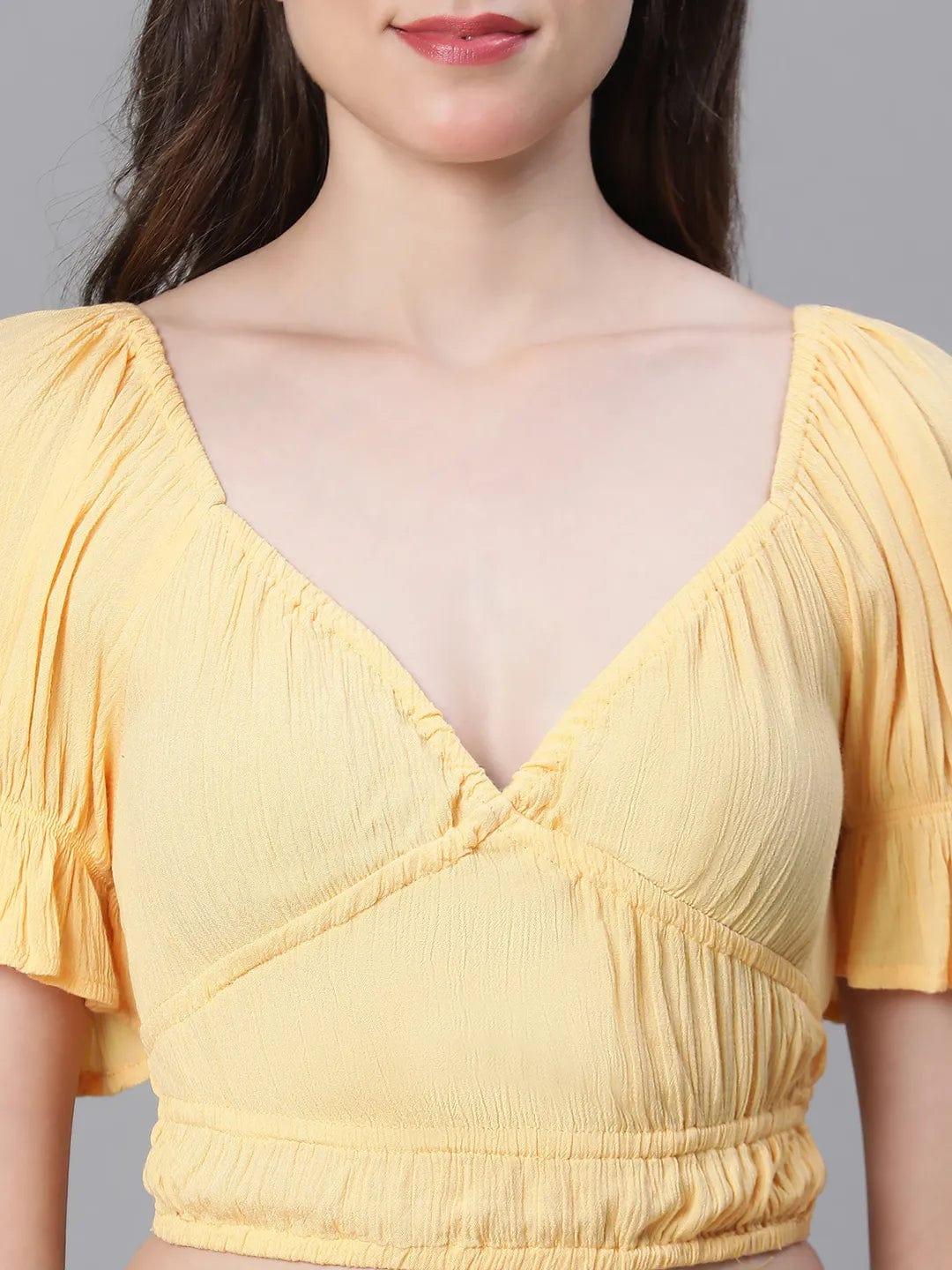 Solid Yellow V-Neck Elasticated Nightwear Crop Women Top - Image 6