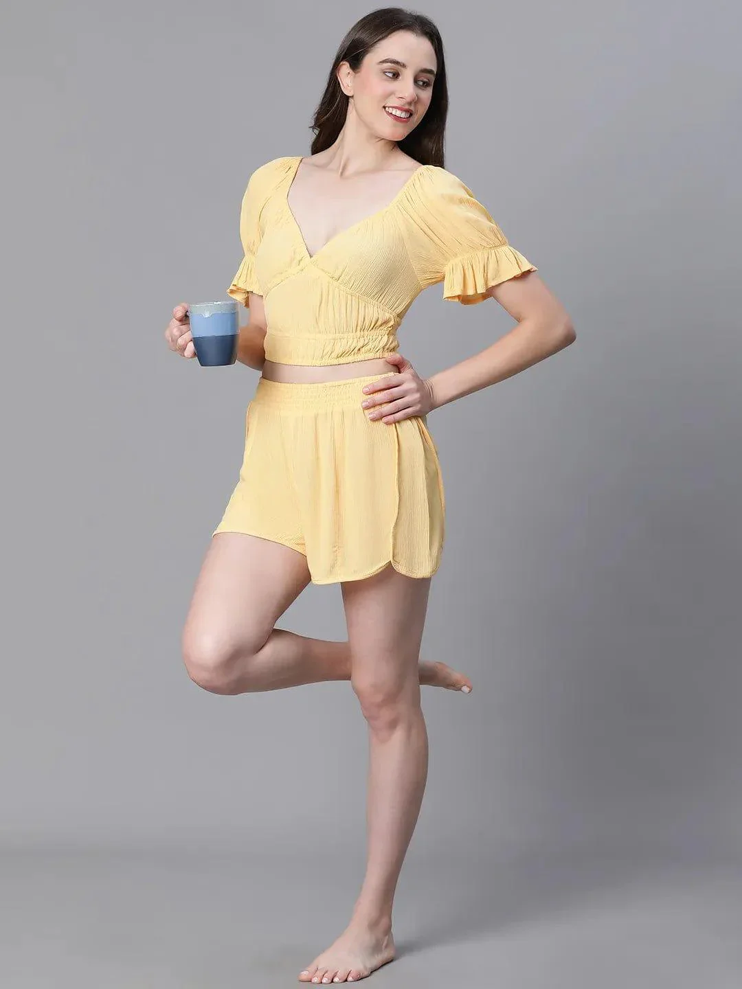 Solid Yellow V-Neck Elasticated Nightwear Crop Women Top - Image 8