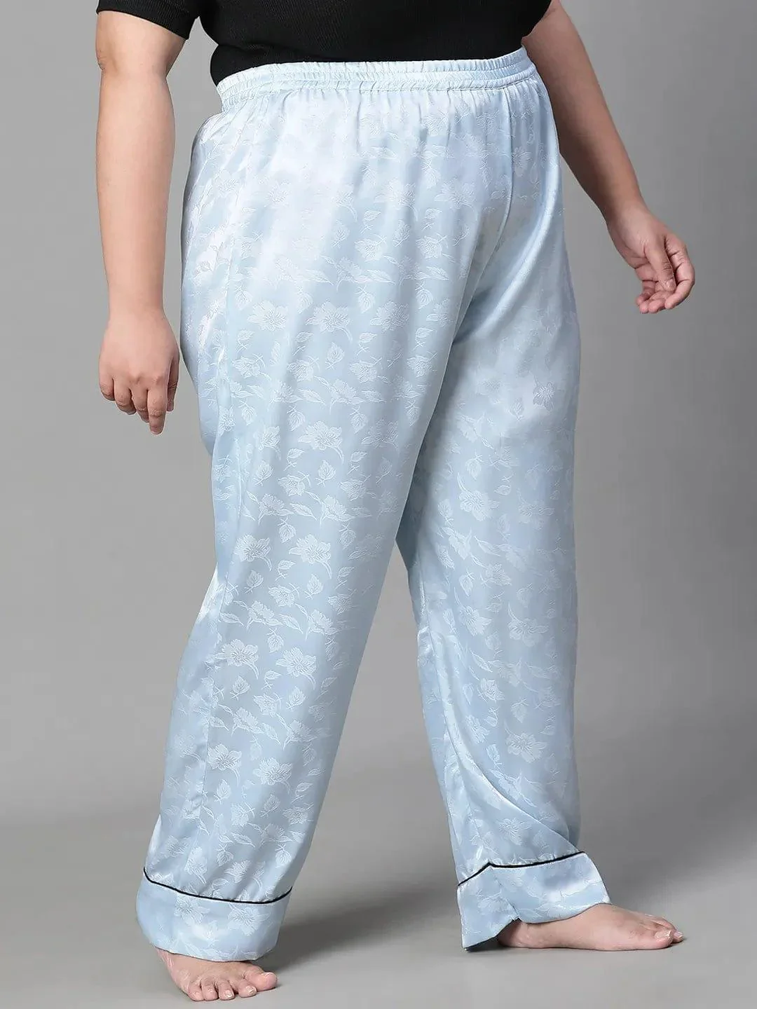 Soothing Blue Satin Jacquard Elasticated Plus Size Women Nightwear Pajama - Image 4