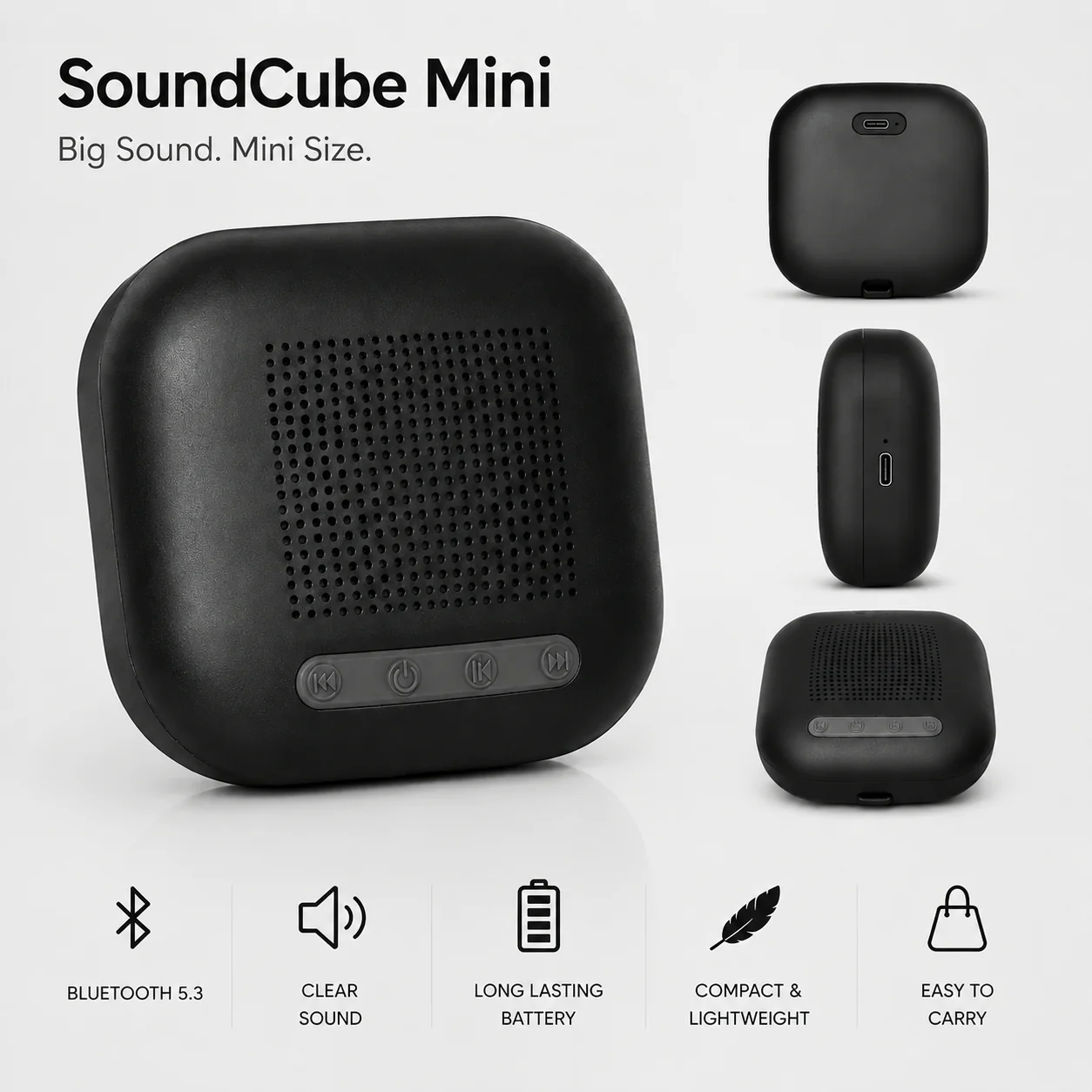 SoundCube Mini Wireless Bluetooth Speaker | 3W Clear Sound | 6+ Hours Playtime | Portable Compact Design | Easy Controls | Black