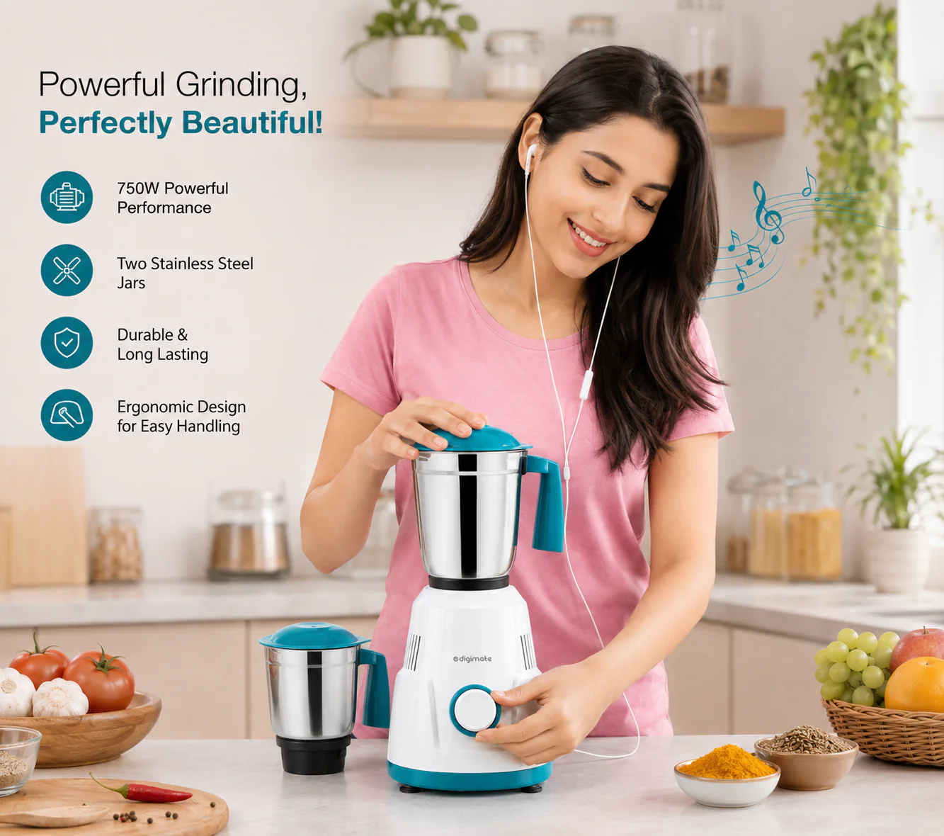 Special Combo: Buy Digimate Sakhi 500W Mixer Grinder With 3 Jars & Get Digimate Silence Wireless Earbuds FREE - Image 3