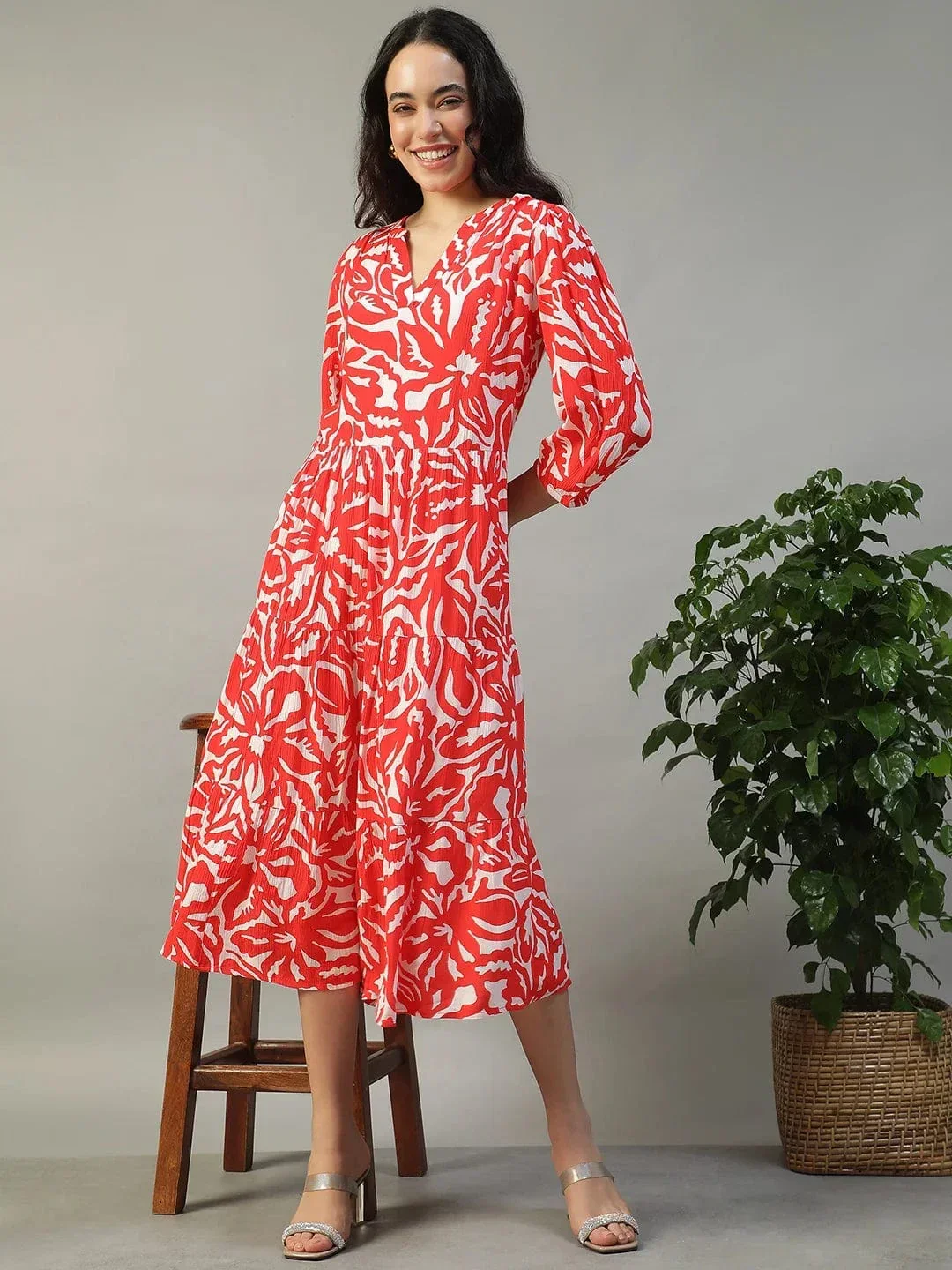 Special Red Floral Print 3/4 Length Sleeves Women Dress - Image 2