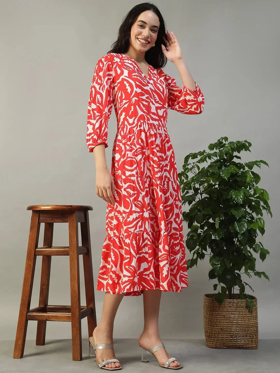 Special Red Floral Print 3/4 Length Sleeves Women Dress - Image 4