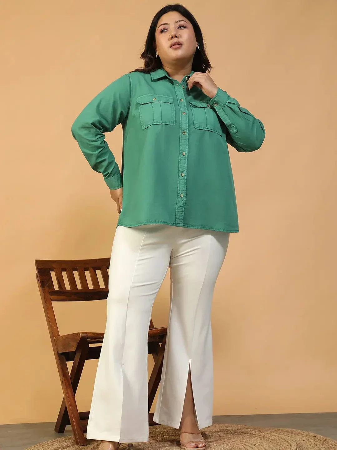 Spellbound Green Collared Long Sleeve Button Down Plus Size Women Cotton Shirt - Image 2