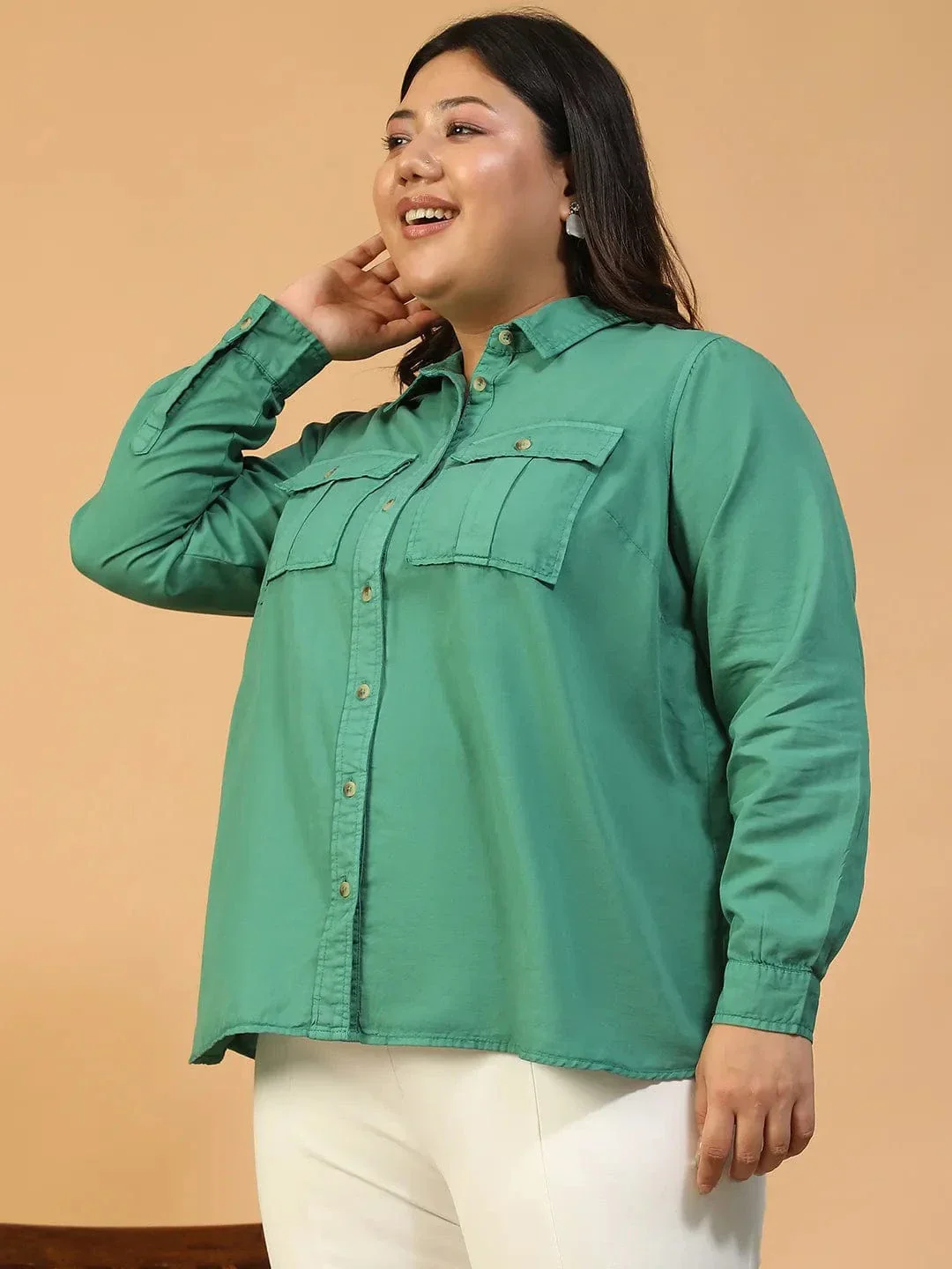 Spellbound Green Collared Long Sleeve Button Down Plus Size Women Cotton Shirt - Image 3