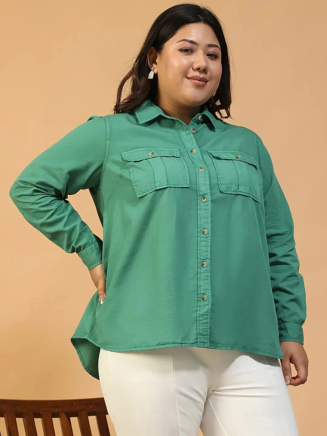 Spellbound Green Collared Long Sleeve Button Down Plus Size Women Cotton Shirt - Image 4