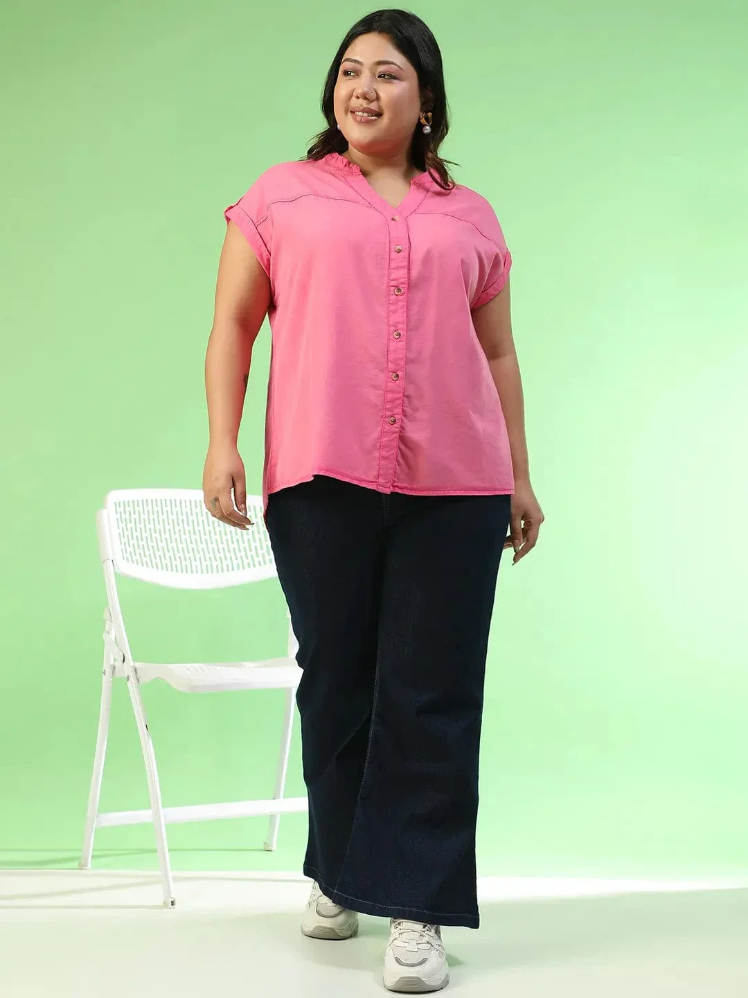 Spellbound Pink Short Sleeve Button Down Plus Size Women Cotton Top - Image 2