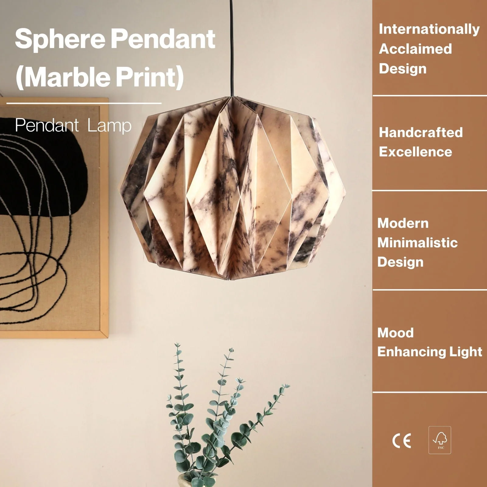 Sphere Pendant Light (Marble Print) - Marble Print, Origami Pendant Lamp, Best Design Messe Frankfurt Trends 2024 For Hanging Light - Image 7