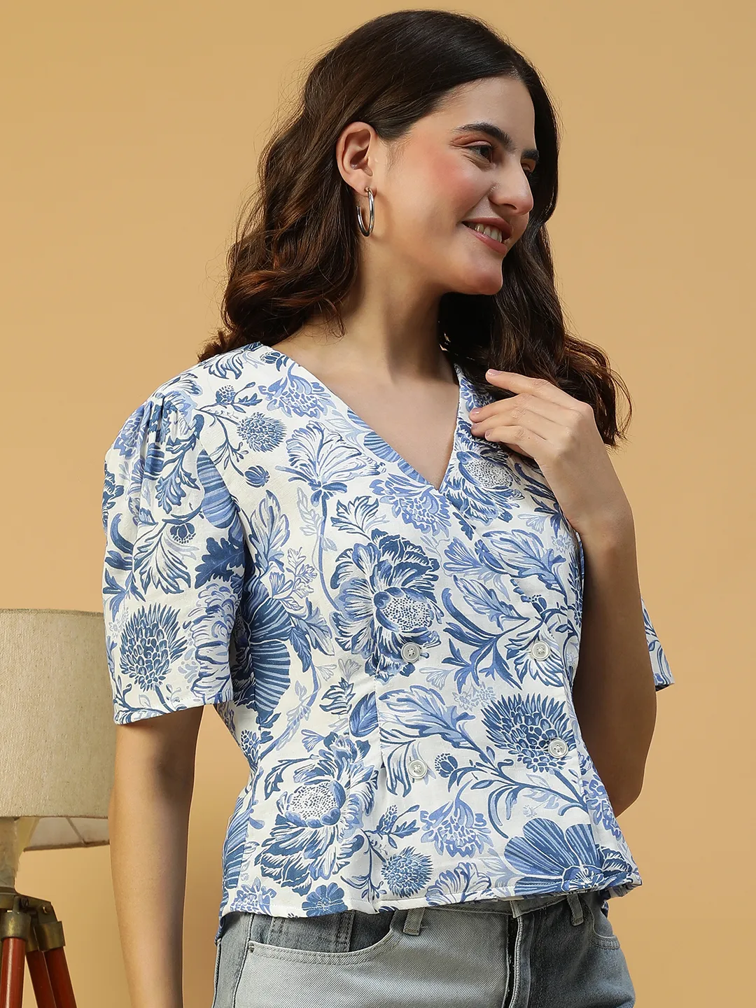 Spring Blue Floral Print Button Detailed Short Sleeve Women Cotton Dobby Top - Image 5