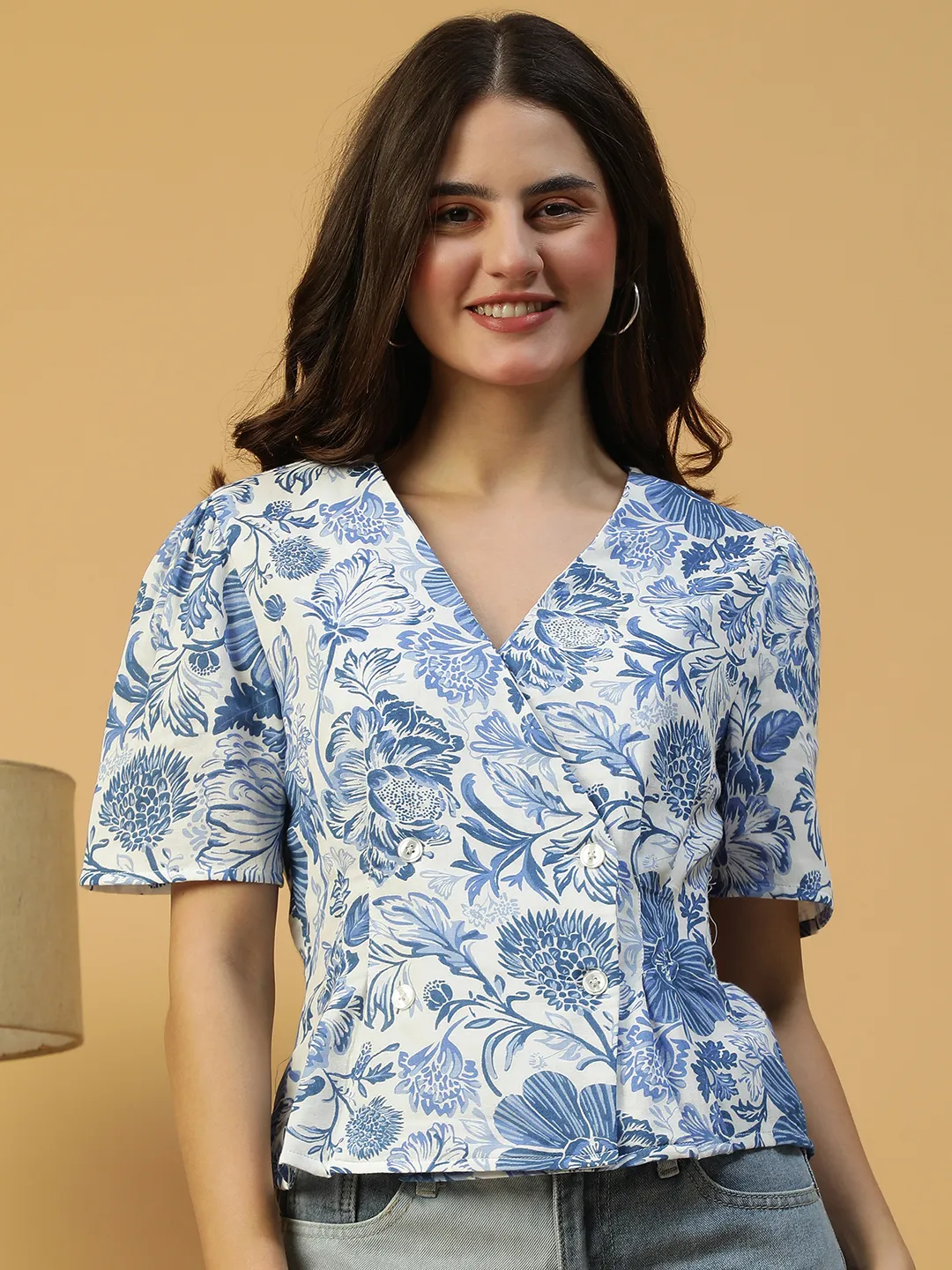 Spring Blue Floral Print Button Detailed Short Sleeve Women Cotton Dobby Top - Image 8