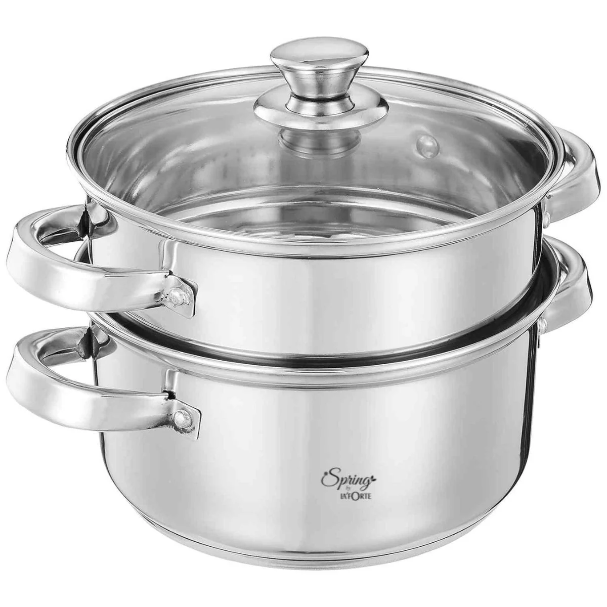 Spring by LA’ FORTE 4.5L Stainless Steel 2-Tier Steamer & Casserole Set | Use as Single-Tier Cookware | Toughened Glass Lid | Riveted Handles