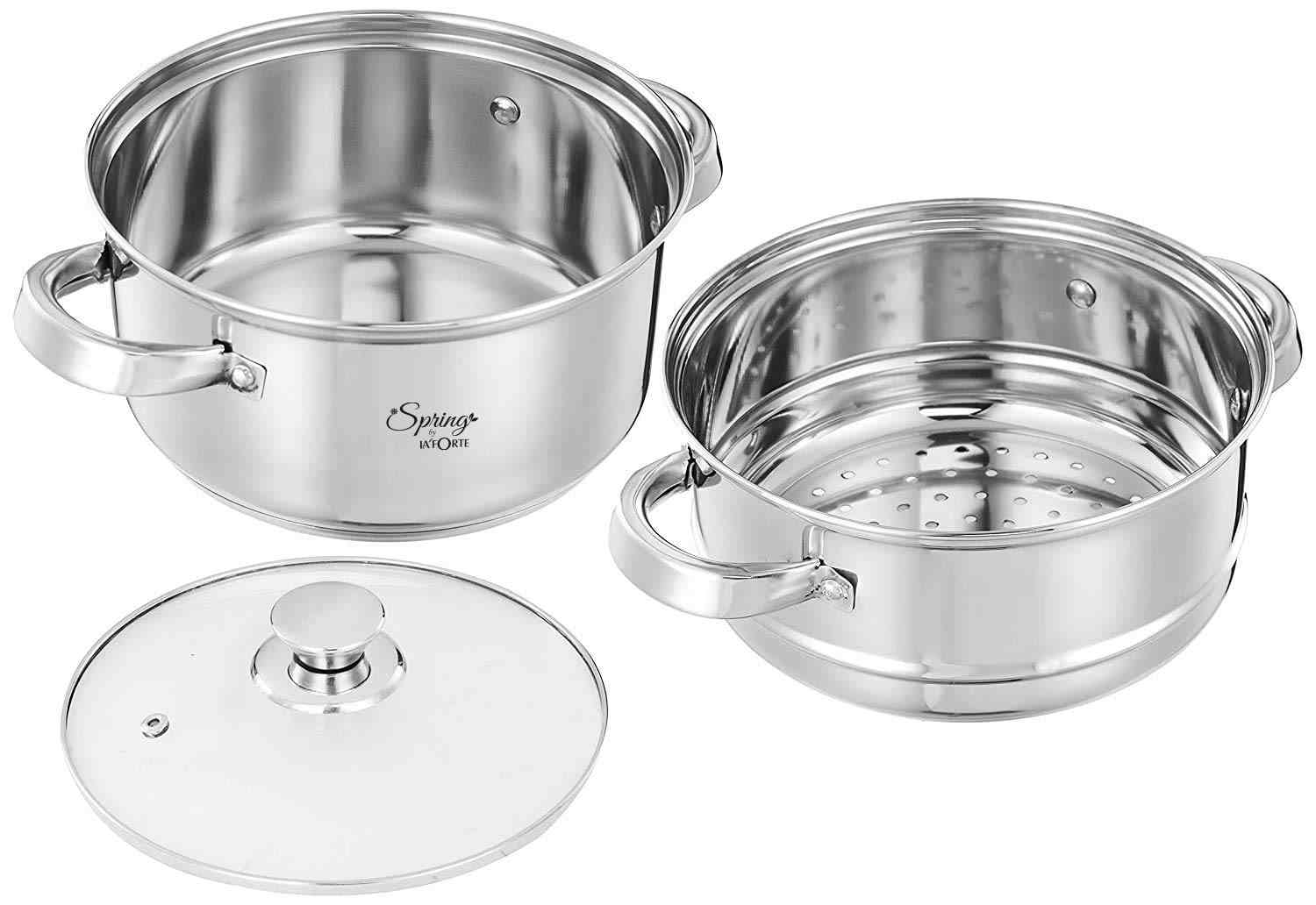 Spring by LA’ FORTE 4.5L Stainless Steel 2-Tier Steamer & Casserole Set | Use as Single-Tier Cookware | Toughened Glass Lid | Riveted Handles - Image 6