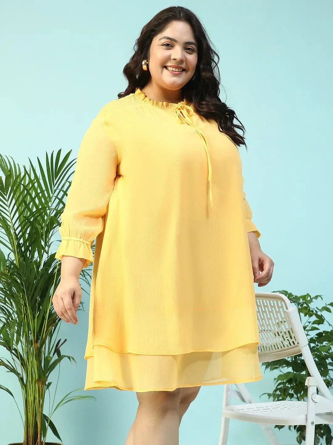 Spring Yellow Smocking Detail Long Sleeve Knee Length Plus Size Dress - Image 5
