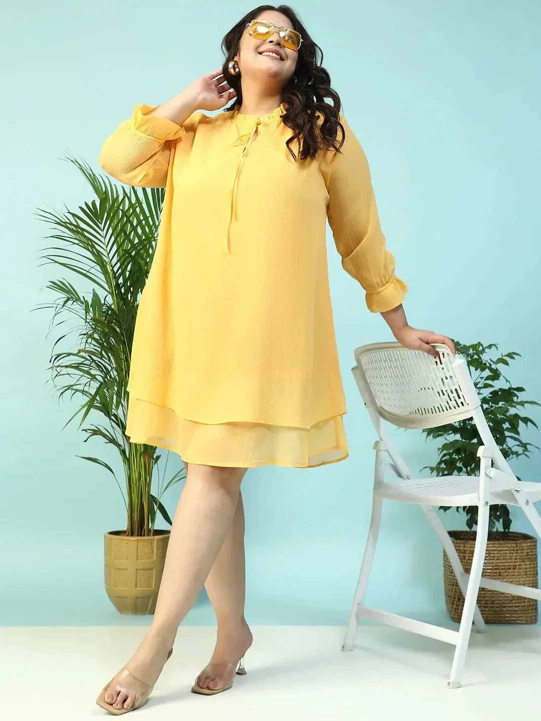 Spring Yellow Smocking Detail Long Sleeve Knee Length Plus Size Dress - Image 8