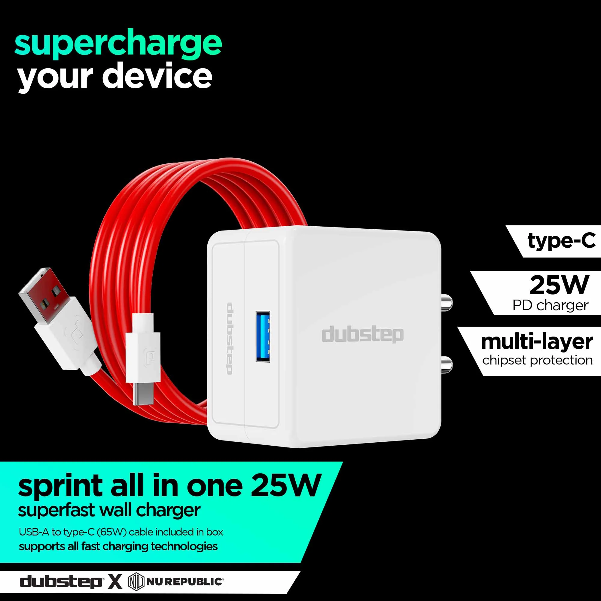 Sprint All In One 25W 5A Fast Charging Adapter with Cable (USB To Type-C) - Image 2