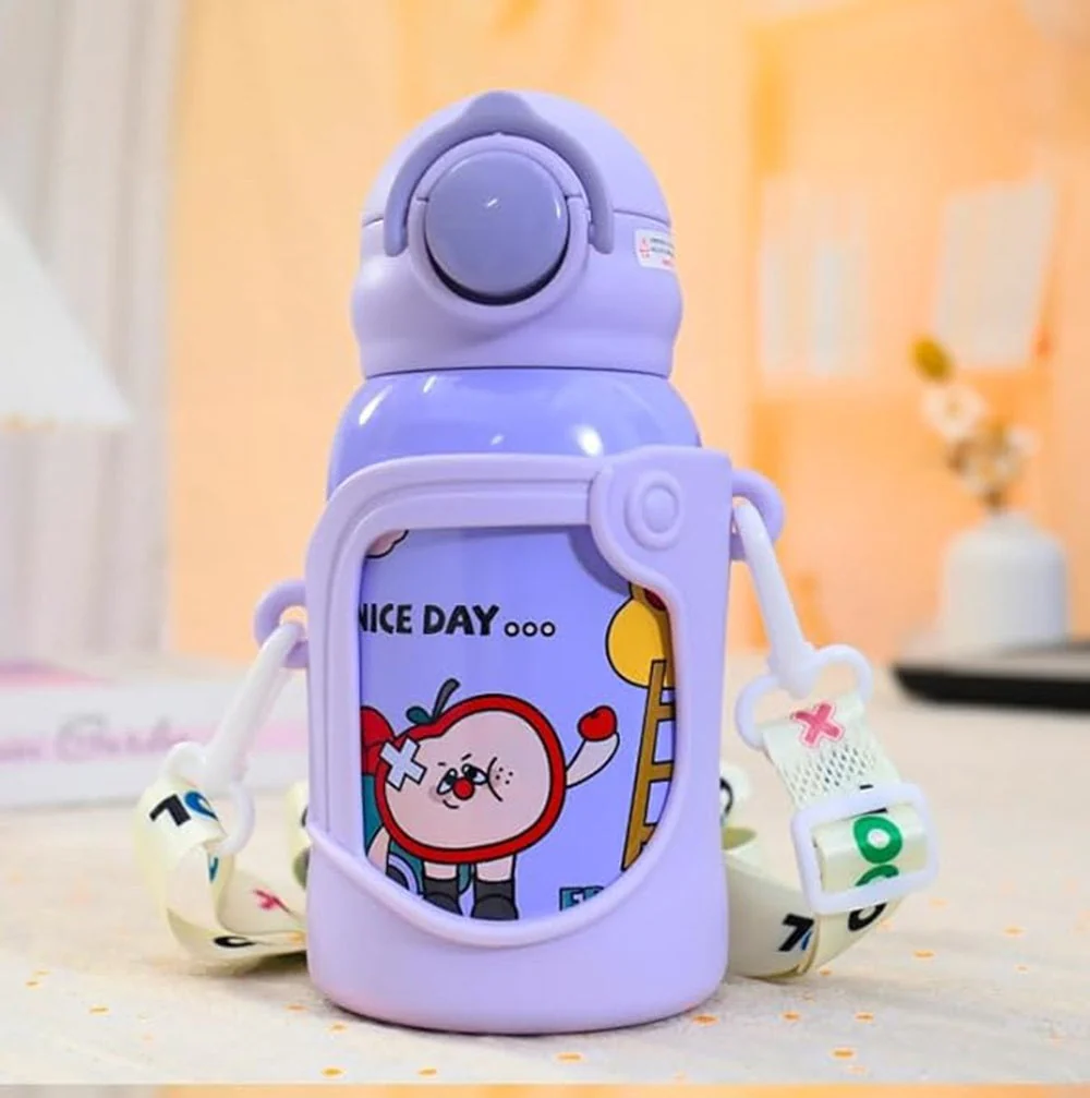 Stainless Steel Kids Water Bottle – 500ml | Double Wall, Straw Lid, Cartoon Print - Image 3