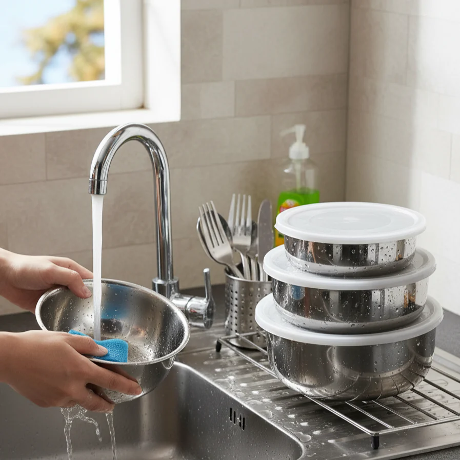 Stainless Steel Kitchen Bowl Set with Lids - Set of 5 Pcs - Image 5