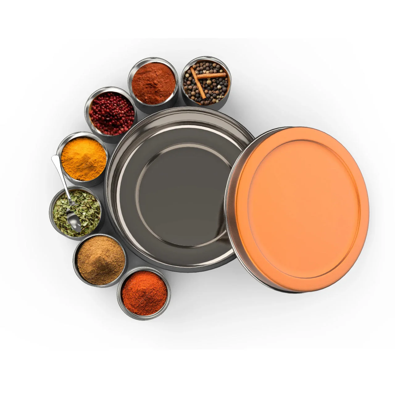 Stainless Steel Spice Box | Masala Dabba with 7 Mini Bowls & Spoon | Multipurpose Storage Container for Masala, Dry Fruits, Cookies & More (Beige-Gold / Black-Red) - Image 2