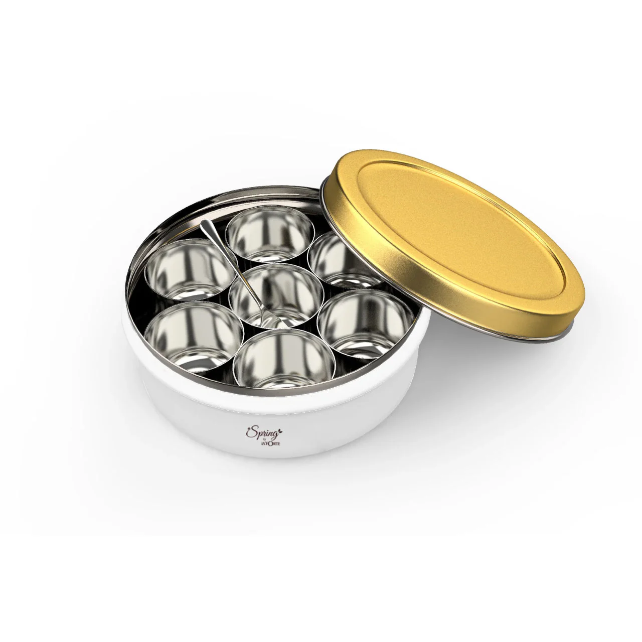 Stainless Steel Spice Box | Masala Dabba with 7 Mini Bowls & Spoon | Multipurpose Storage Container for Masala, Dry Fruits, Cookies & More (Beige-Gold / Black-Red) - Image 4