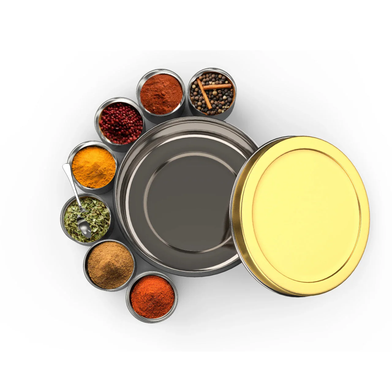 Stainless Steel Spice Box | Masala Dabba with 7 Mini Bowls & Spoon | Multipurpose Storage Container for Masala, Dry Fruits, Cookies & More (Beige-Gold / Black-Red) - Image 5