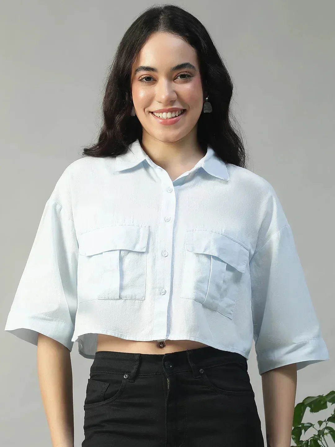 Standard Solid Blue Collared With Button Fly Short Sleeve Women Cotton Linen Crop Shirt