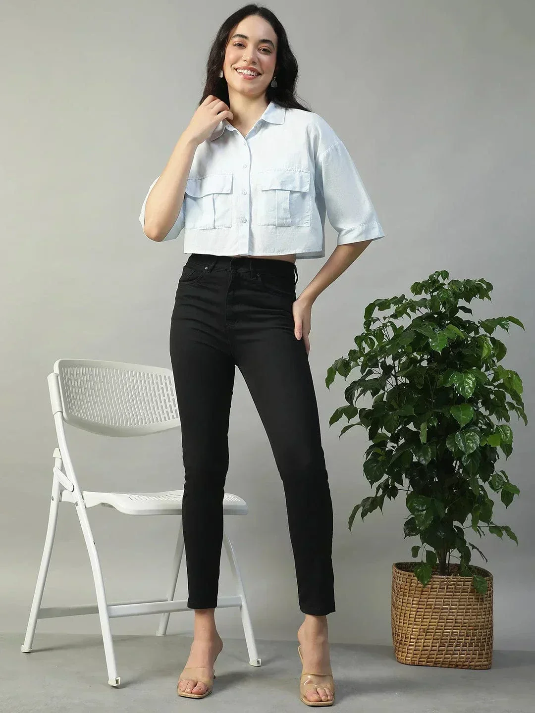 Standard Solid Blue Collared With Button Fly Short Sleeve Women Cotton Linen Crop Shirt - Image 2